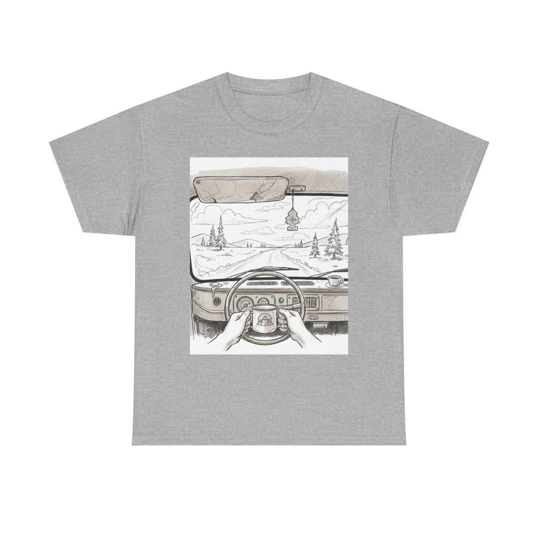 Scenic Drive Van Illustration Tee – soft cotton with a detailed van and landscape design. Perfect for road trips, outdoor adventures, and casual wear.