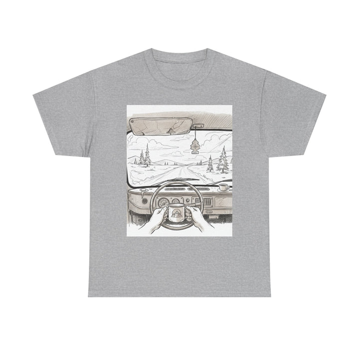 Scenic Drive Van Illustration Tee – soft cotton with a detailed van and landscape design. Perfect for road trips, outdoor adventures, and casual wear.