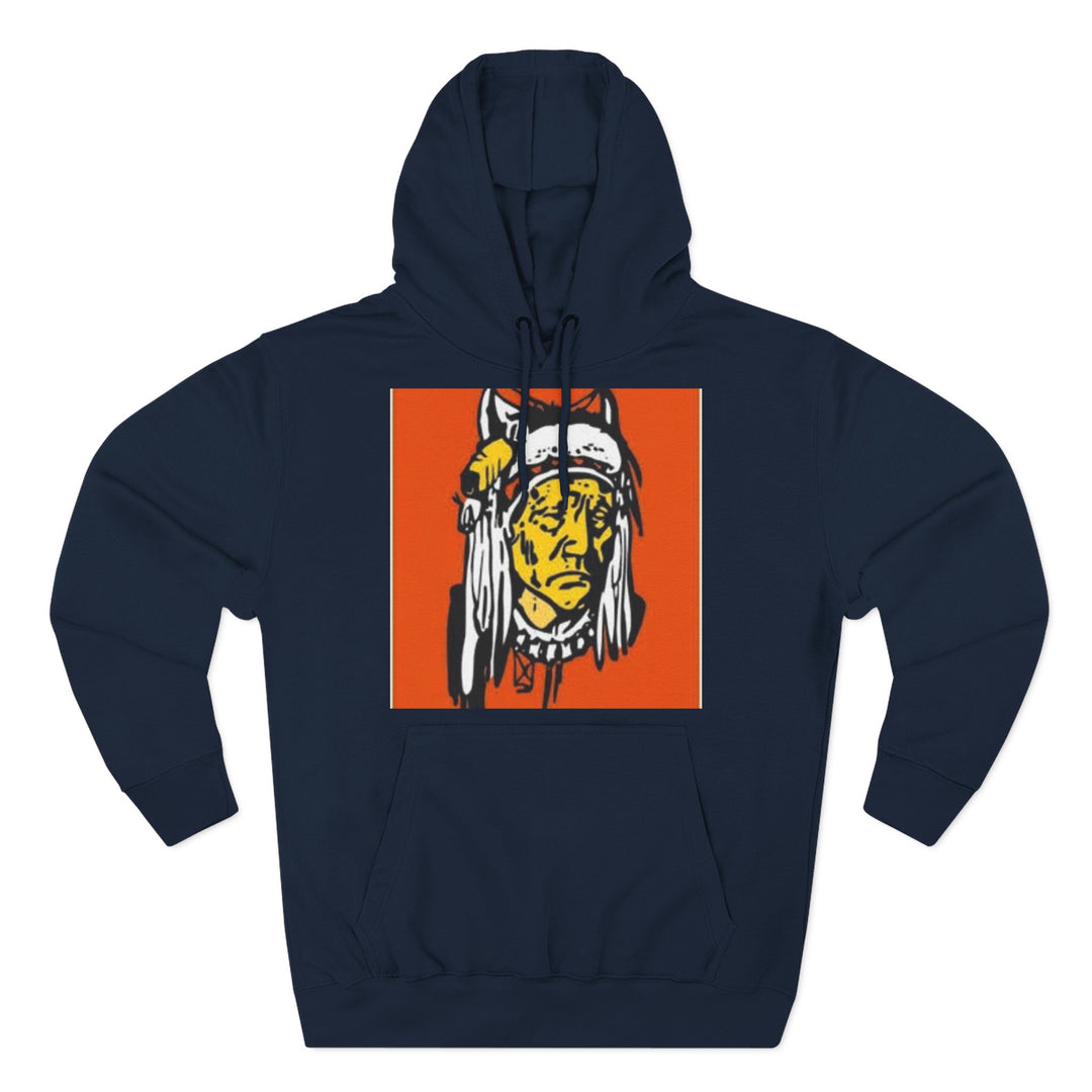Navy hoodie by S&amp;W Gallus featuring a graphic print of a Native American chief on an orange background.