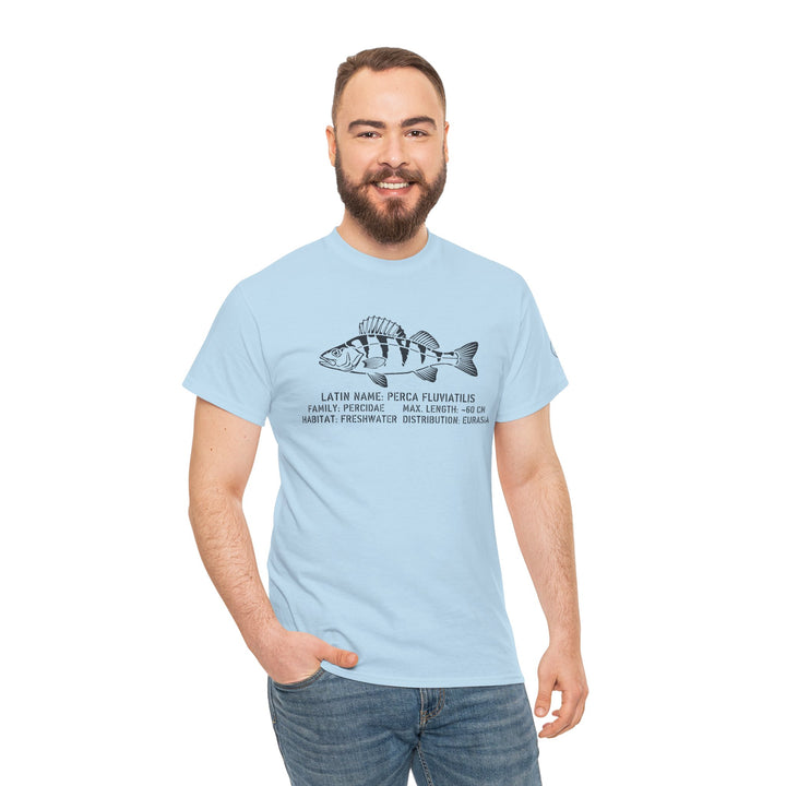 Light blue t-shirt with a perch anatomy illustration by S&amp;W Gallus, worn with jeans.