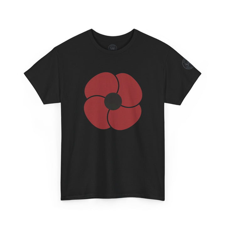 Black t-shirt by S&amp;W Gallus with a red poppy design on the chest and a logo detail on the sleeve.