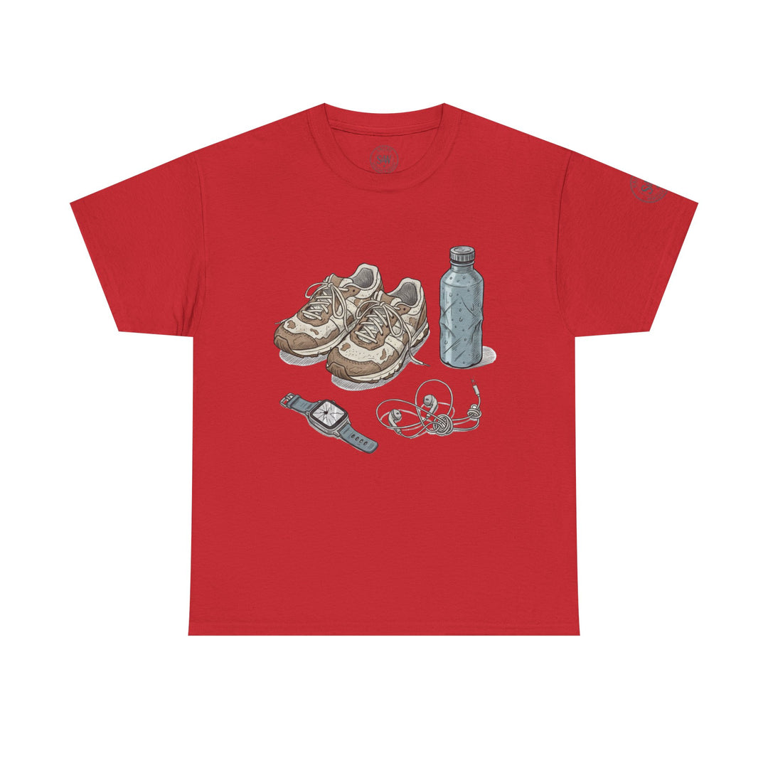 Red t-shirt by S&amp;W Gallus with a graphic of running shoes, water bottle, watch, and tangled headphones.