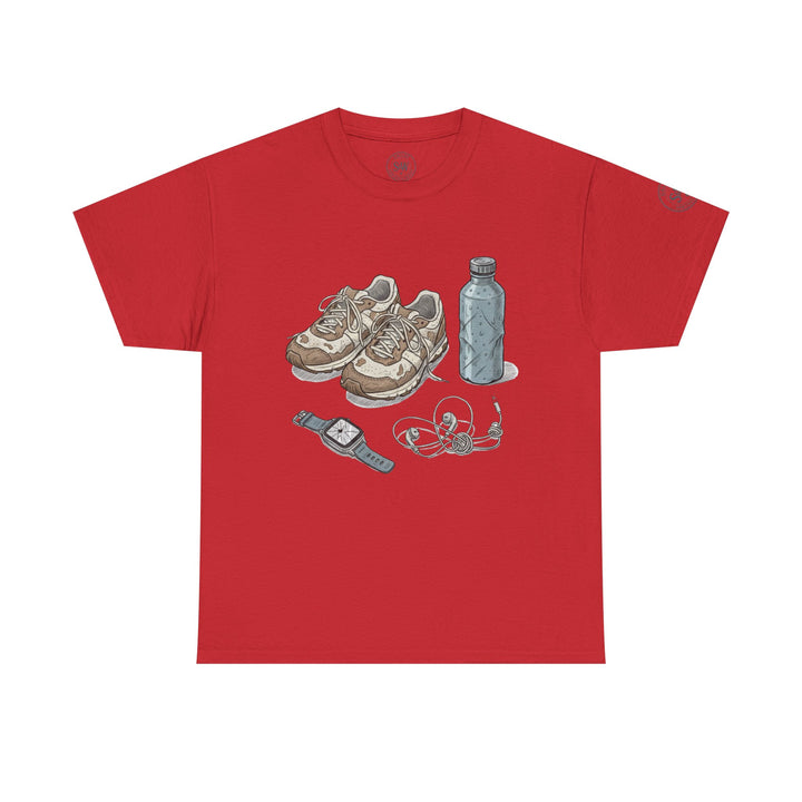 Red t-shirt by S&amp;W Gallus with a graphic of running shoes, water bottle, watch, and tangled headphones.