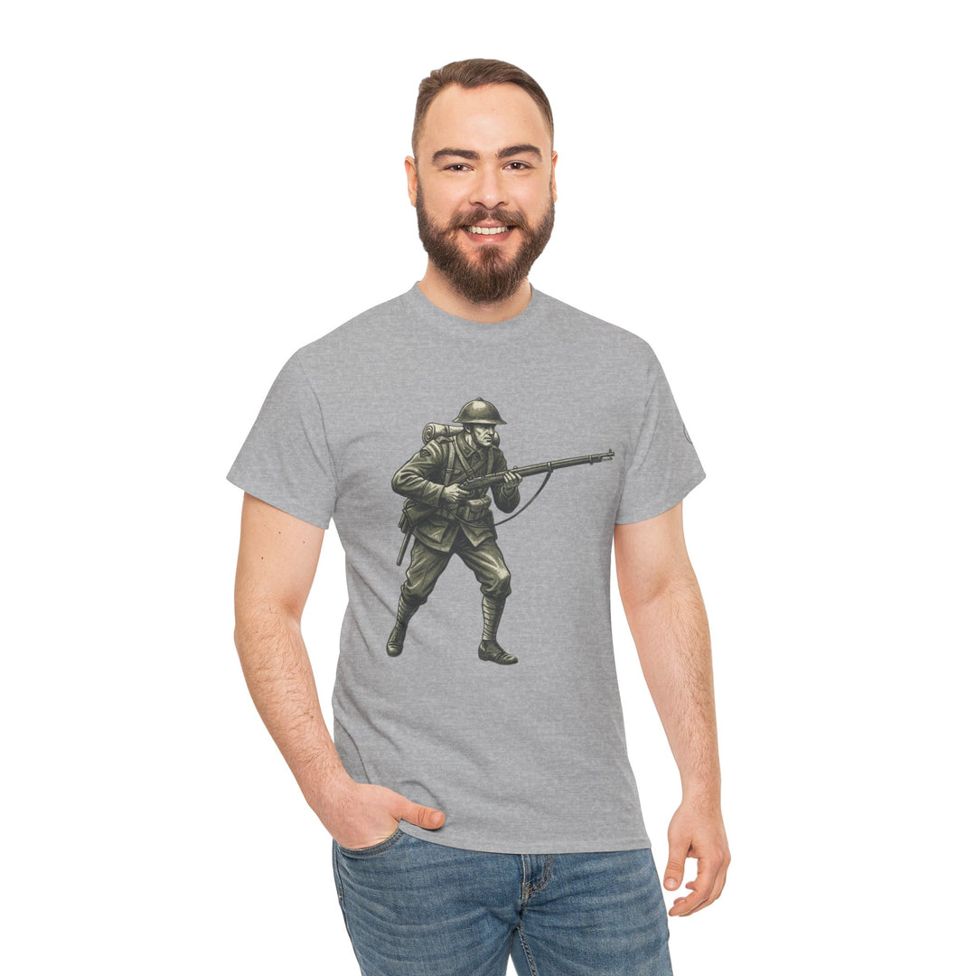 Gray t-shirt with a WWI infantry illustration by S&amp;W Gallus, worn with blue jeans.