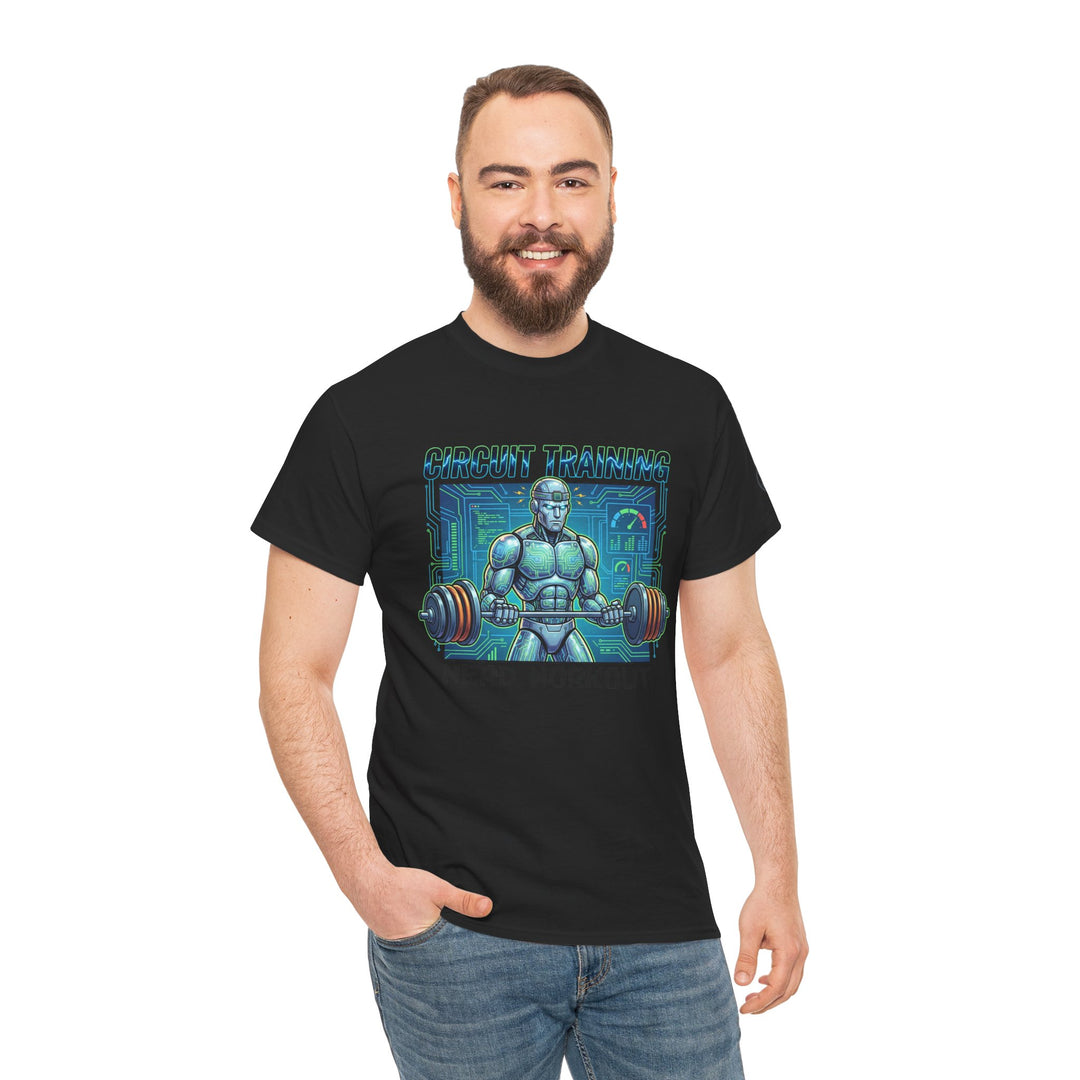 Black circuit training t-shirt from Veteran owned, featuring a robotic weightlifter graphic with circuit board pattern.