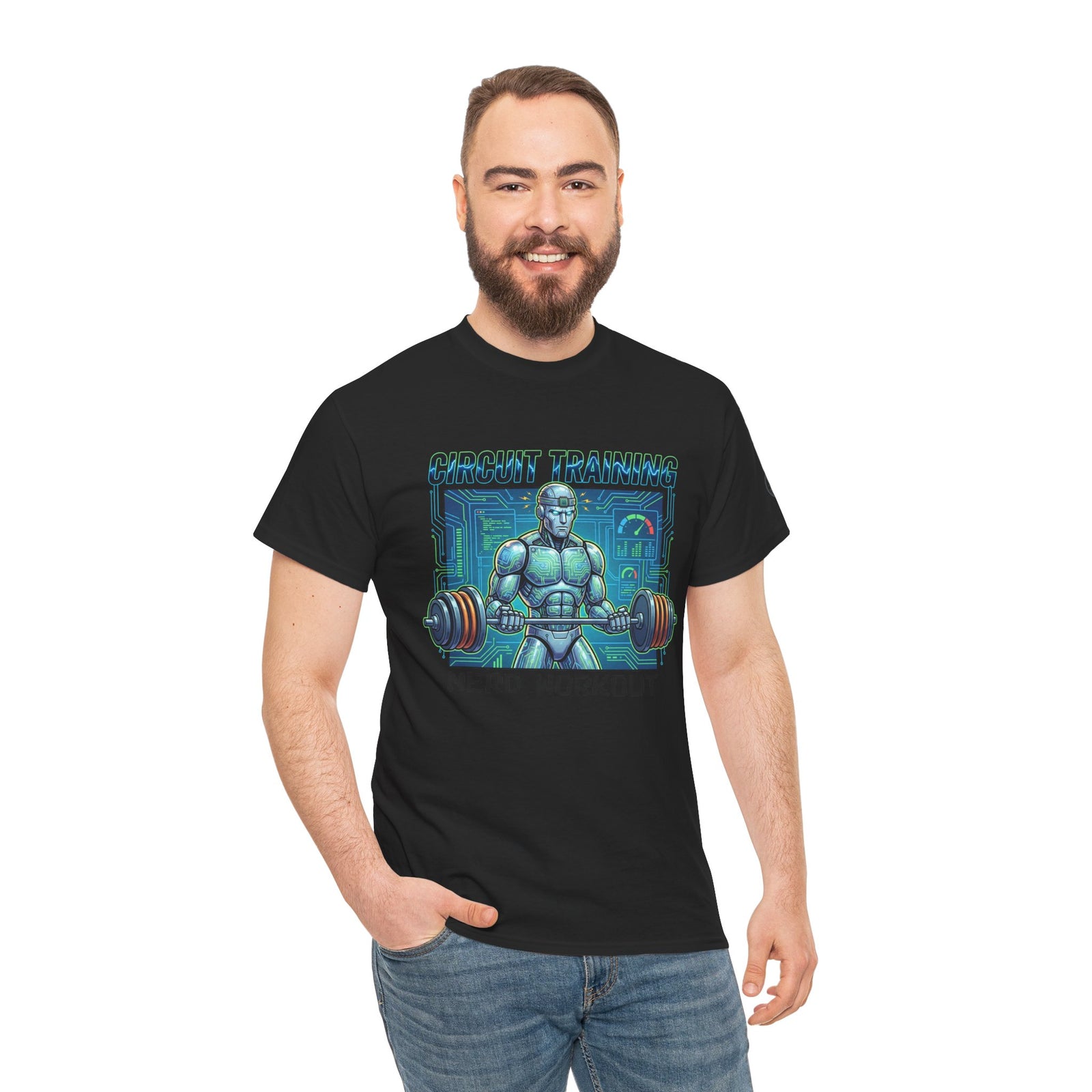 Black circuit training t-shirt from Veteran owned, featuring a robotic weightlifter graphic with circuit board pattern.