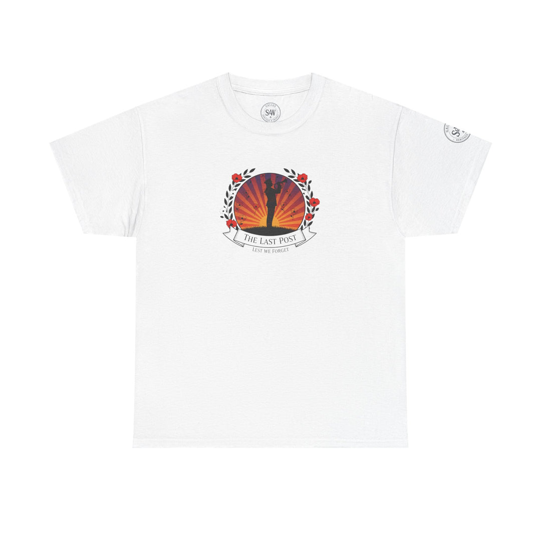 White t-shirt by S&amp;W Gallus, featuring "The Last Post" graphic with floral wreath and silhouette of a soldier playing trumpet.