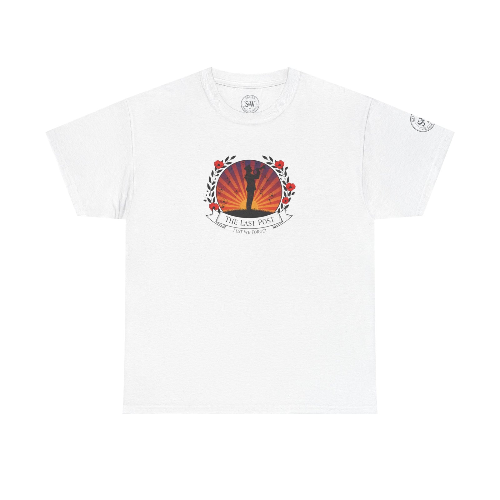 White t-shirt by S&W Gallus, featuring "The Last Post" graphic with floral wreath and silhouette of a soldier playing trumpet.