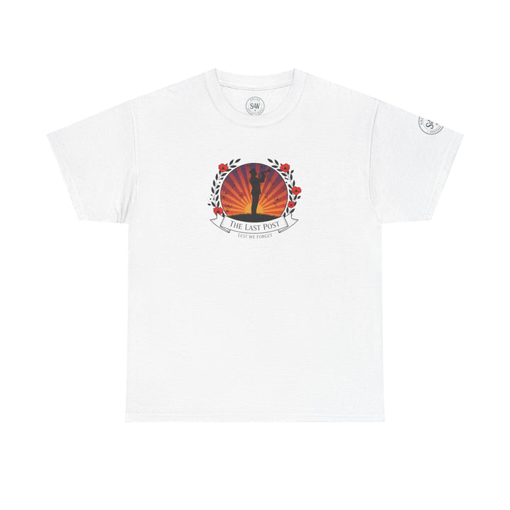 White t-shirt by S&amp;W Gallus, featuring "The Last Post" graphic with floral wreath and silhouette of a soldier playing trumpet.
