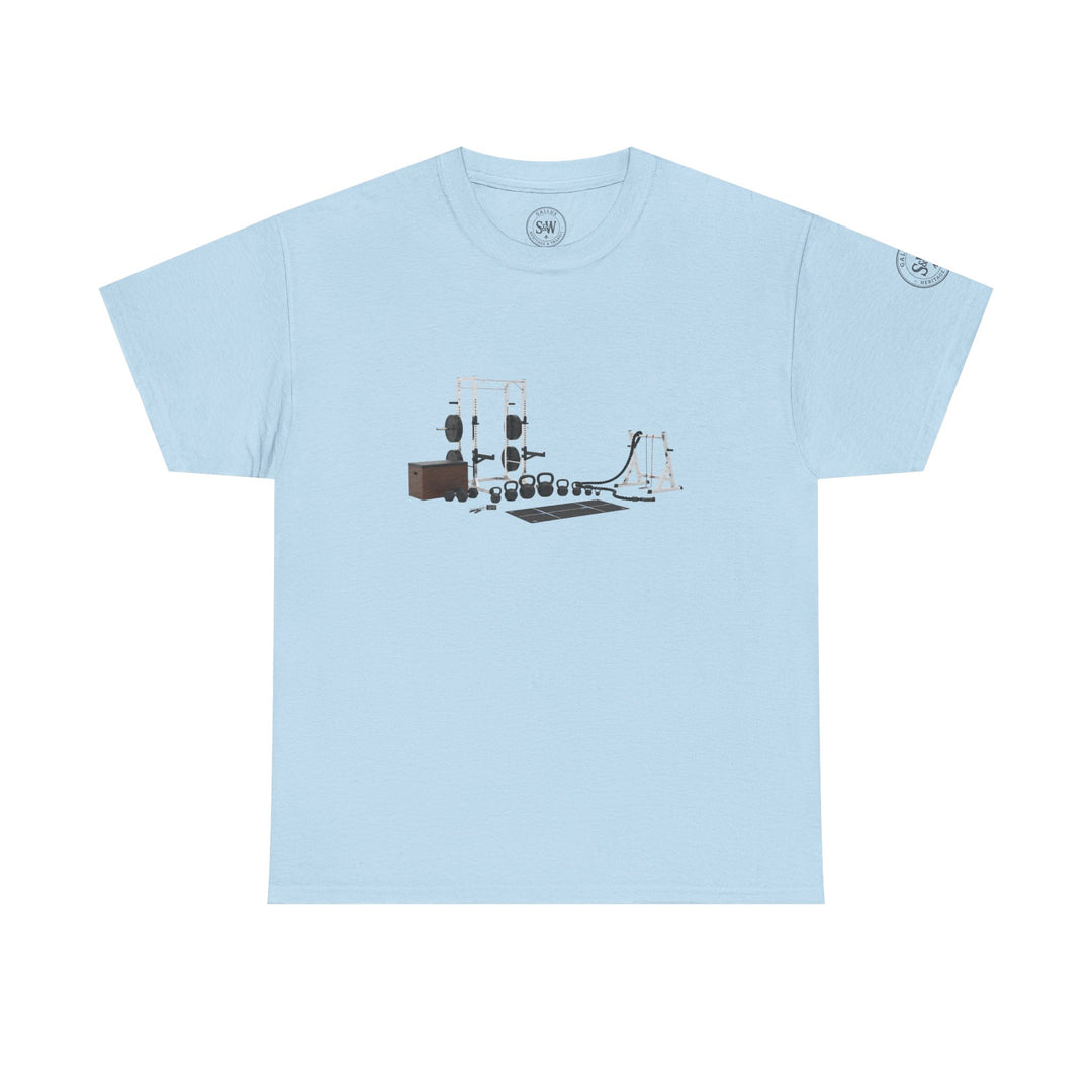 Light blue t-shirt by S&amp;W Gallus with a fitness equipment design on the front.