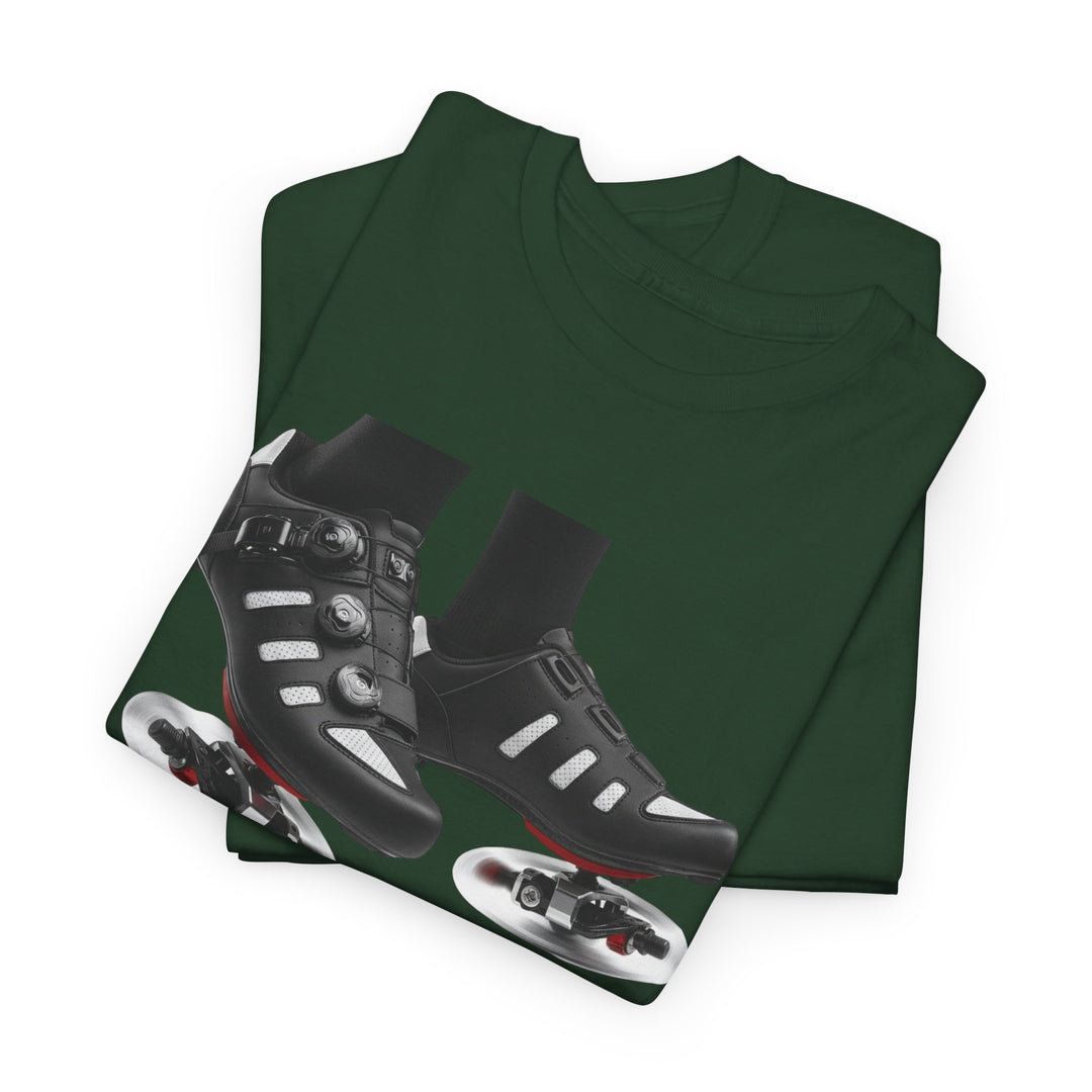 Spin Shoes Tee – soft, breathable cotton featuring a cycling shoes graphic. Perfect for spin classes, indoor workouts, and casual activewear.