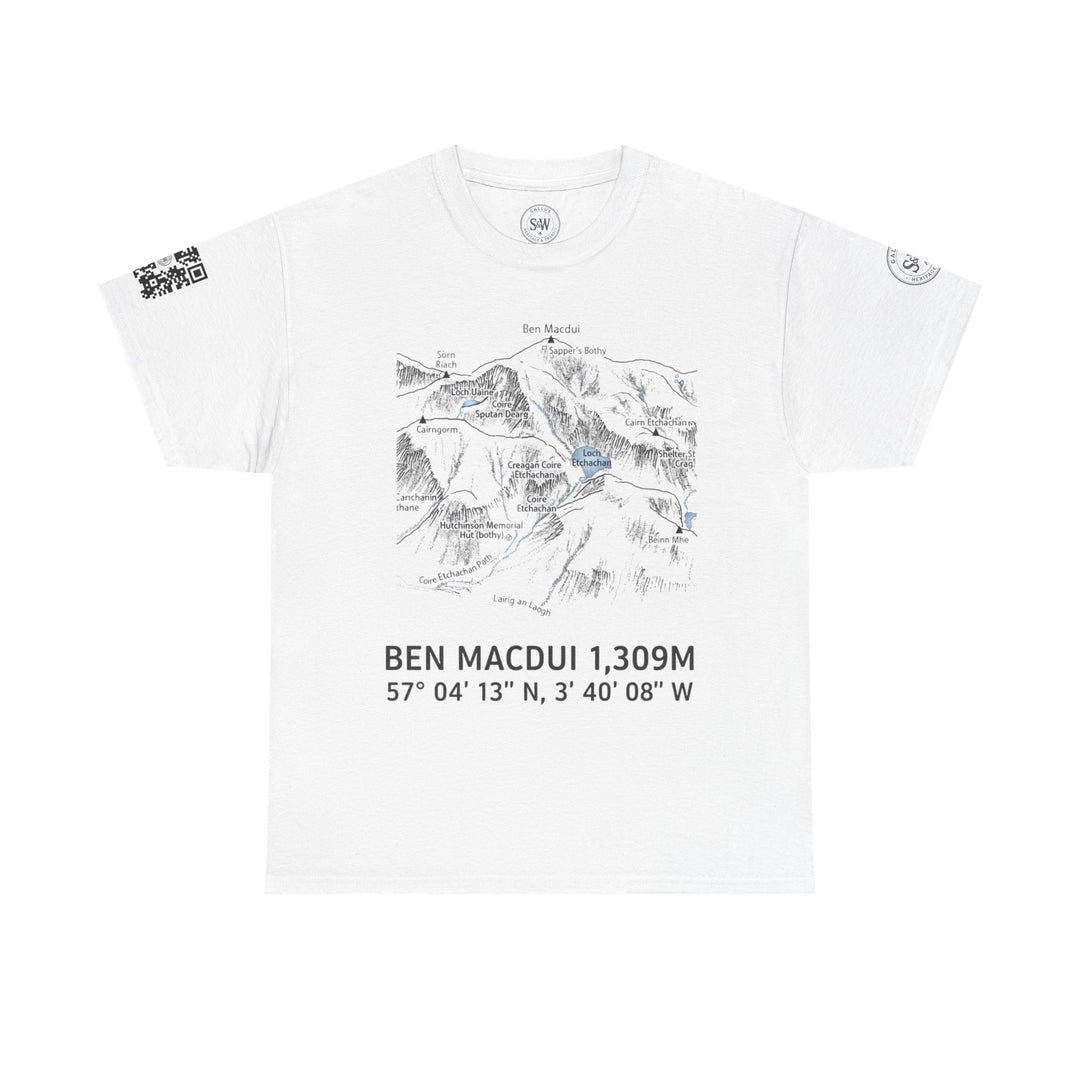 White Ben Macdui T-shirt with QR code special edition by S&amp;W Gallus, featuring a black topographic map and coordinates.