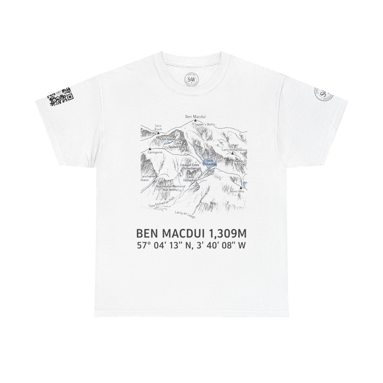 White Ben Macdui T-shirt with QR code special edition by S&W Gallus, featuring a black topographic map and coordinates.