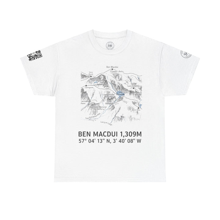 White Ben Macdui T-shirt with QR code special edition by S&amp;W Gallus, featuring a black topographic map and coordinates.
