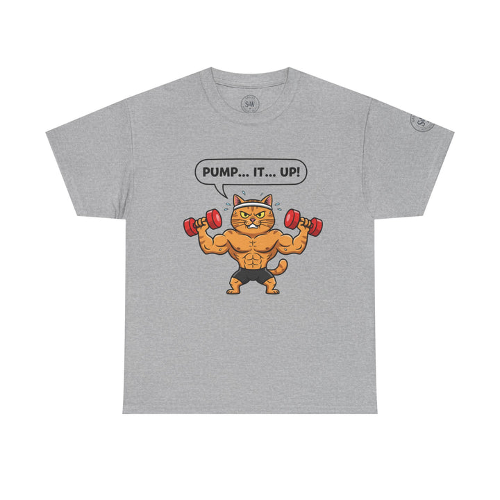 Gray t-shirt by S&amp;W Gallus, featuring a muscular cartoon cat lifting red dumbbells with "Pump... It... Up!" text.
