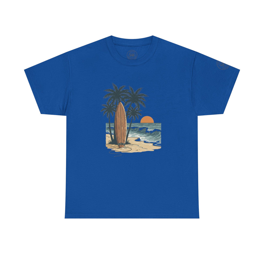 Blue t-shirt by S&amp;W Gallus with a graphic design of palm trees, surfboard, beach, and sunset.