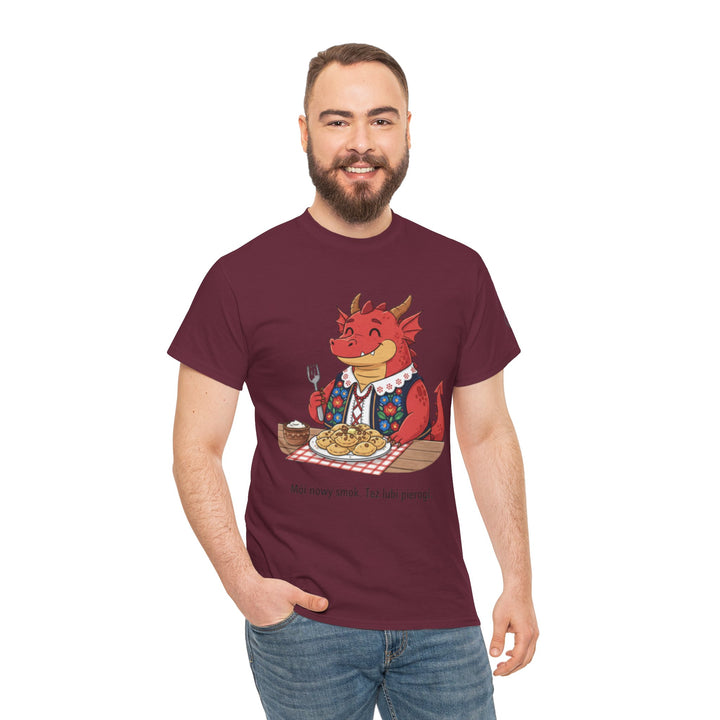 Maroon t-shirt with a dragon enjoying pierogi by S&amp;W Gallus, paired with blue jeans.