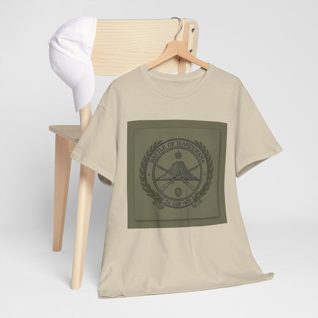 Isandlwana vintage military emblem crewneck T-shirt. Heritage graphic design inspired by historic battlefield legacy.
