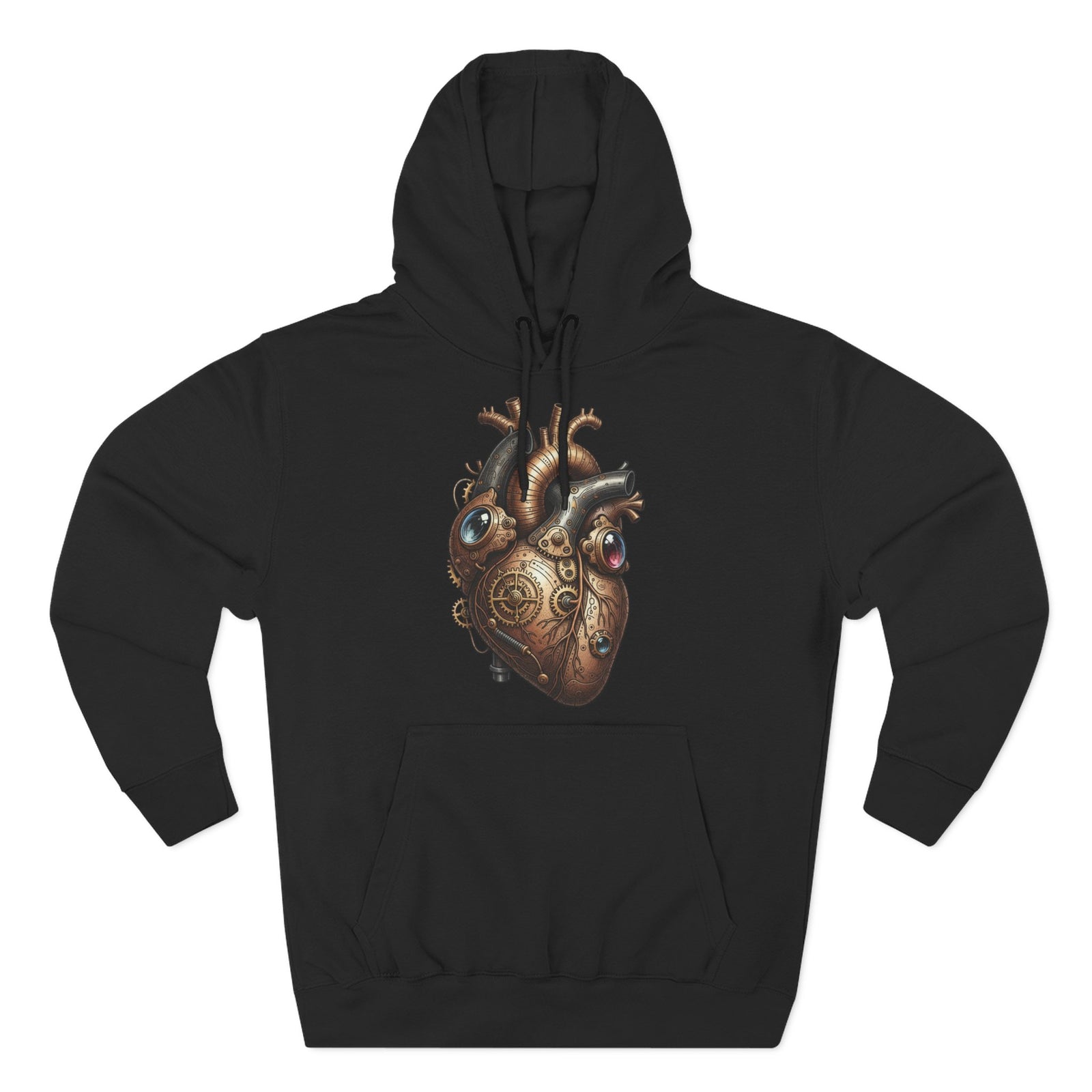Black hoodie by S&W Gallus with a steampunk-inspired metal heart graphic on the front.