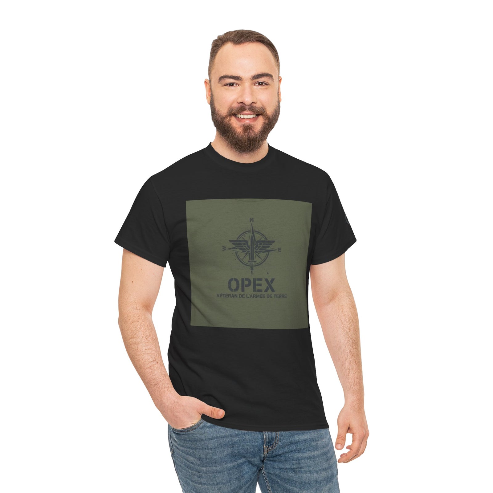 Black t-shirt by S&W Gallus, featuring a military-inspired design and worn with jeans by a smiling man.