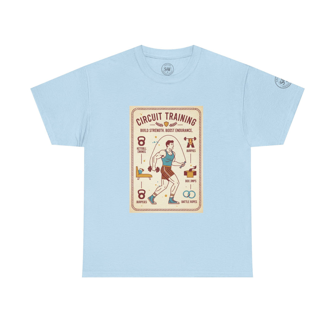 Light blue t-shirt by S&amp;W Gallus, featuring a "Circuit Training" graphic print on the front.