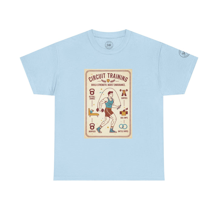 Light blue t-shirt by S&amp;W Gallus, featuring a "Circuit Training" graphic print on the front.