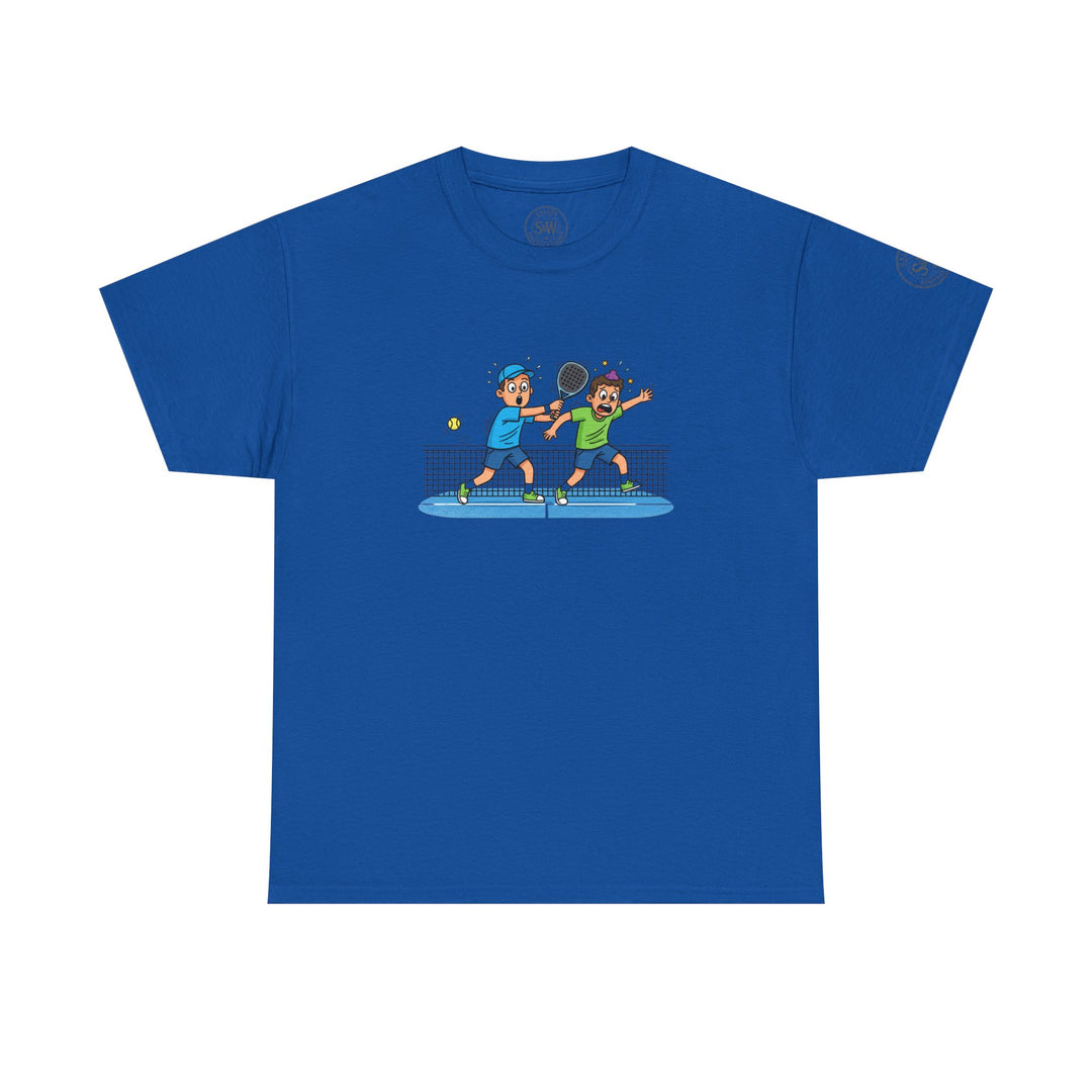 Blue graphic t-shirt by S&amp;W Gallus, featuring two cartoon tennis players and a net graphic.