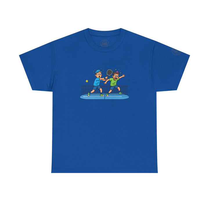 Blue graphic t-shirt by S&amp;W Gallus, featuring two cartoon tennis players and a net graphic.
