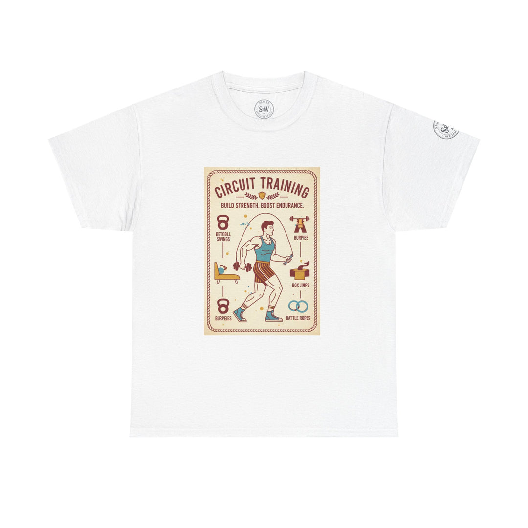 White circuit training t-shirt by S&amp;W Gallus, featuring a fitness-themed graphic print on the front.
