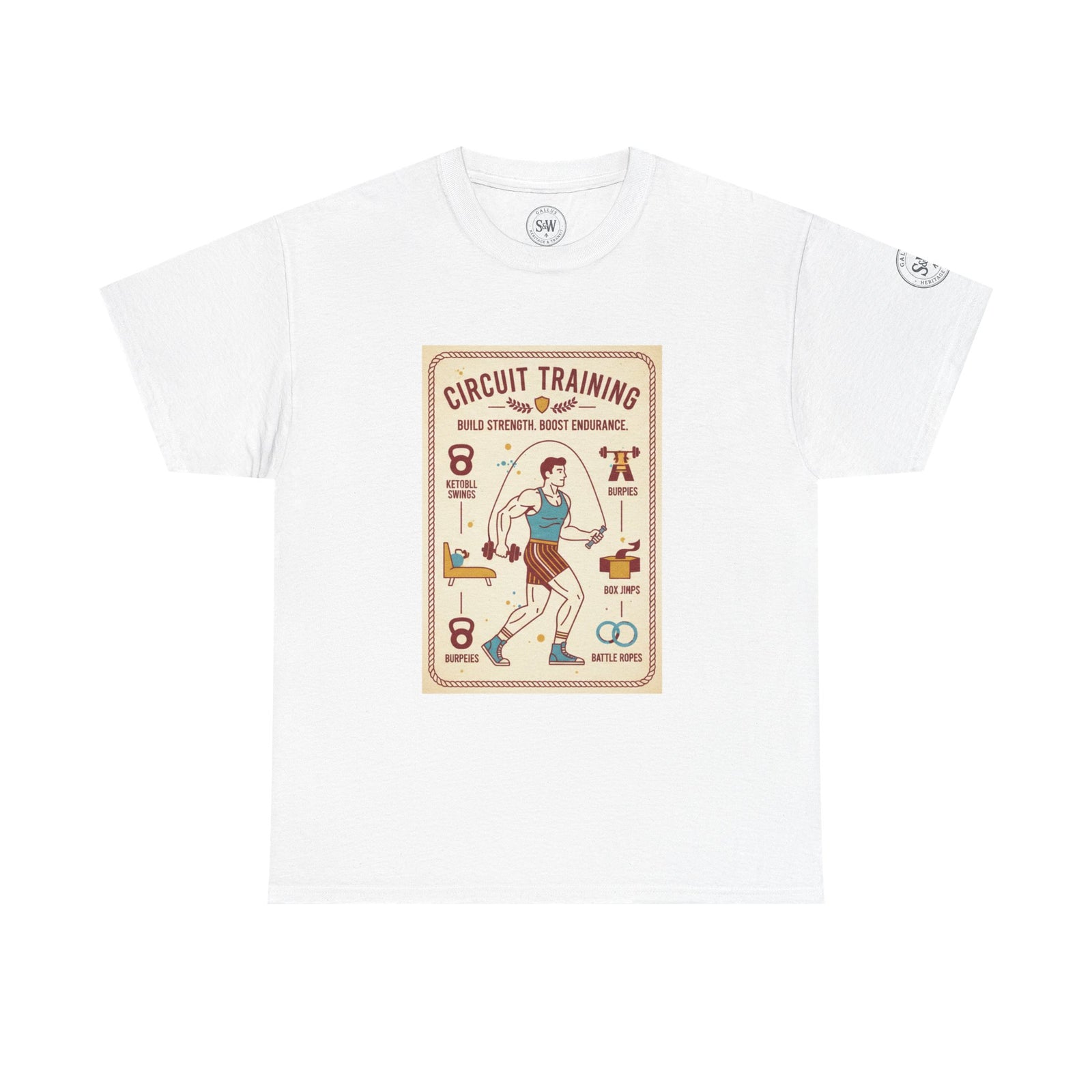 White circuit training t-shirt by S&W Gallus, featuring a fitness-themed graphic print on the front.
