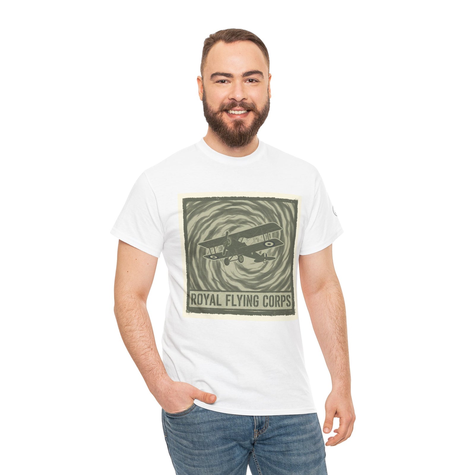 White "Royal Flying Corps 1914 Vintage Plane" t-shirt by S&W Gallus, worn with blue jeans, on a smiling model.