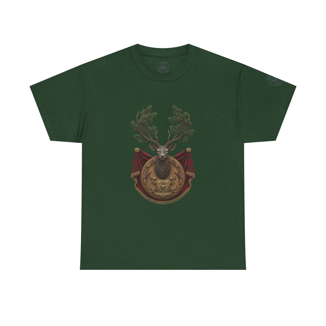 Green t-shirt by S&amp;W Gallus with a stag crest design on the front.

