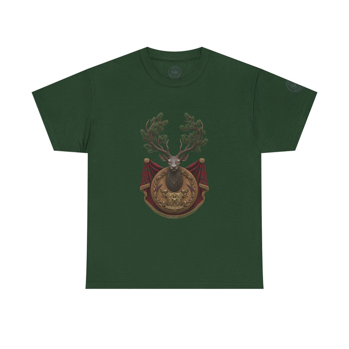 Green t-shirt by S&amp;W Gallus with a stag crest design on the front.
