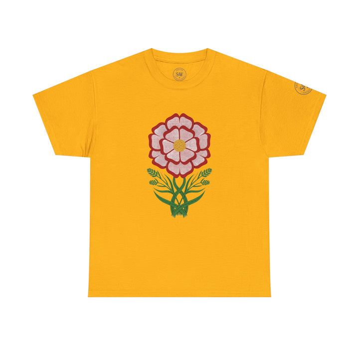 Mustard-yellow t-shirt by S&amp;W Gallus featuring a Tudor rose graphic with red outline and green leaves.