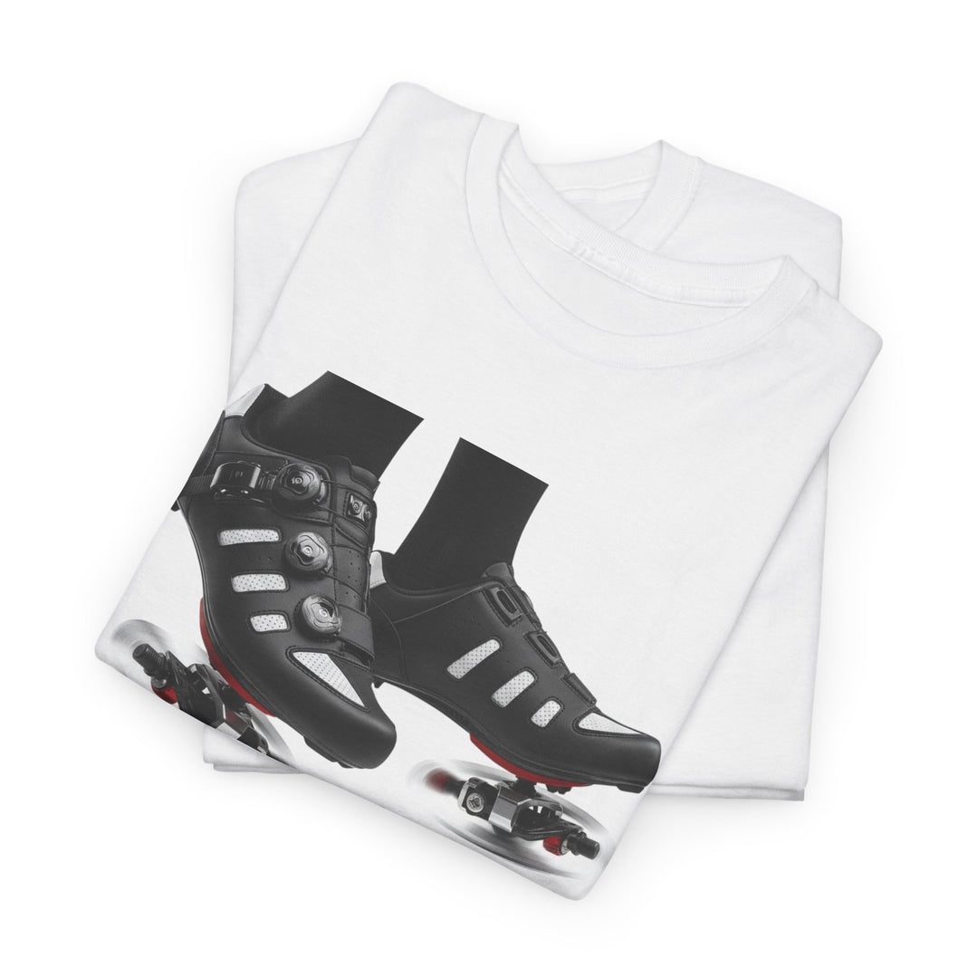 Spin Shoes Tee – soft, breathable cotton featuring a cycling shoes graphic. Perfect for spin classes, indoor workouts, and casual activewear.