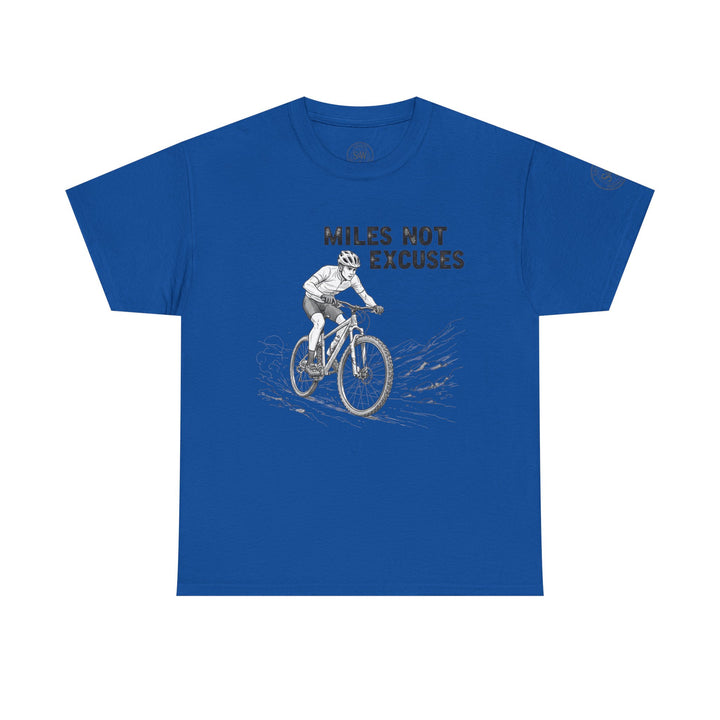 Blue t-shirt by S&amp;W Gallus, featuring a graphic of a mountain biker and the phrase "Miles Not Excuses".
