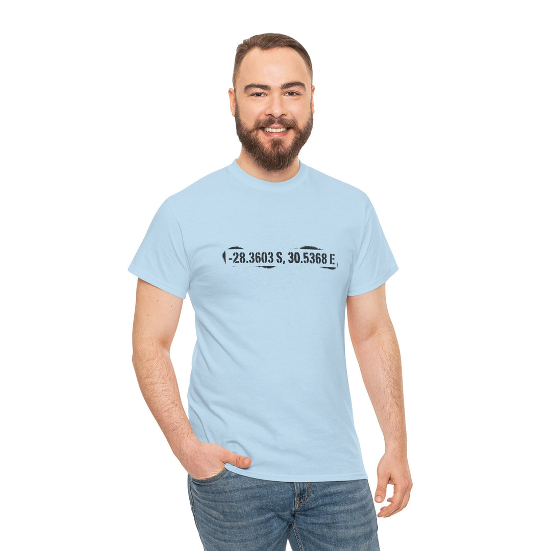 Rorke’s Drift T-Shirt featuring historic battle coordinates. Honor the 1879 Anglo-Zulu War with precise latitude &amp; longitude design.
