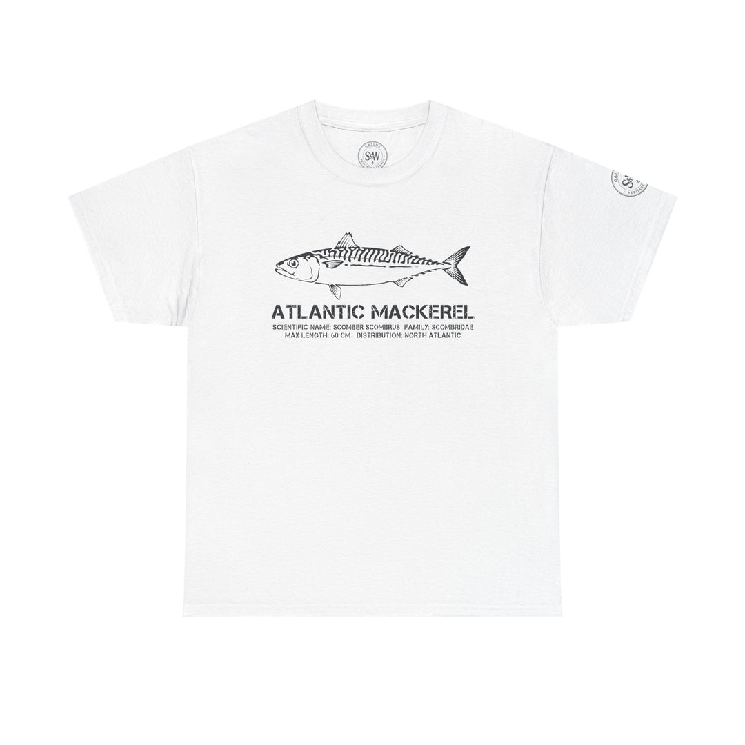 White Atlantic Mackerel T-shirt by S&amp;W Gallus with fish illustration and scientific name.