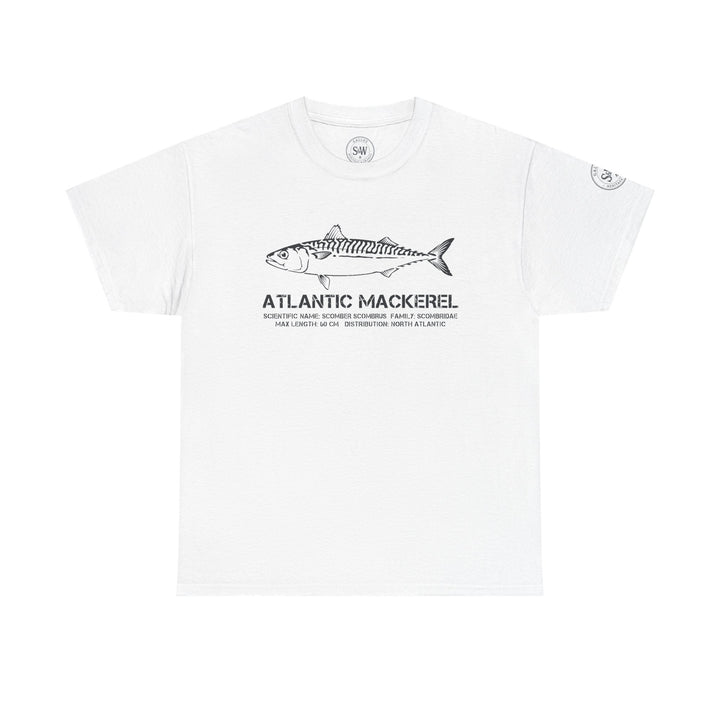 White Atlantic Mackerel T-shirt by S&amp;W Gallus with fish illustration and scientific name.