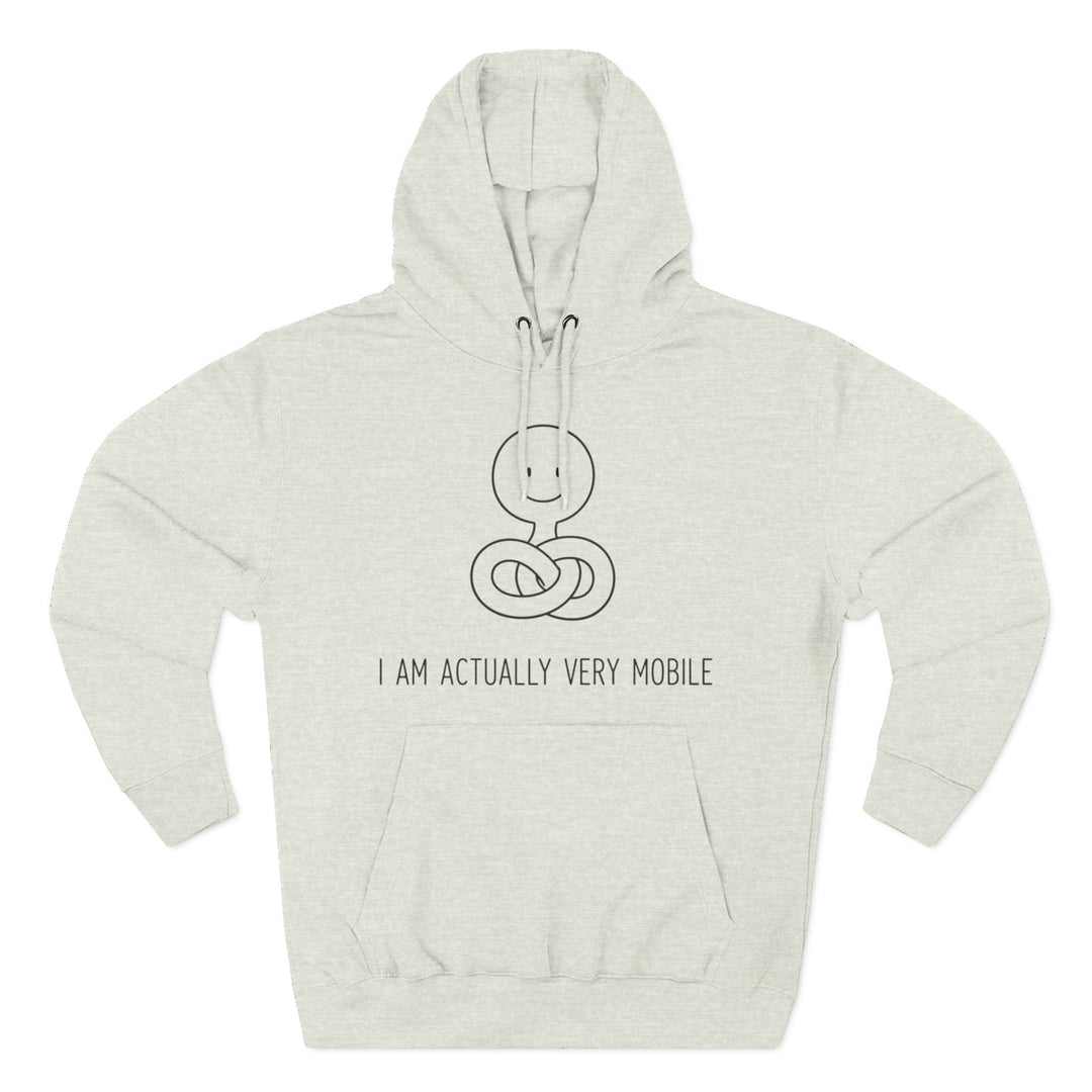 Heathered hoodie by S&amp;W Gallus featuring a noodle-like character in a yoga pose with the text "I AM ACTUALLY VERY MOBILE".