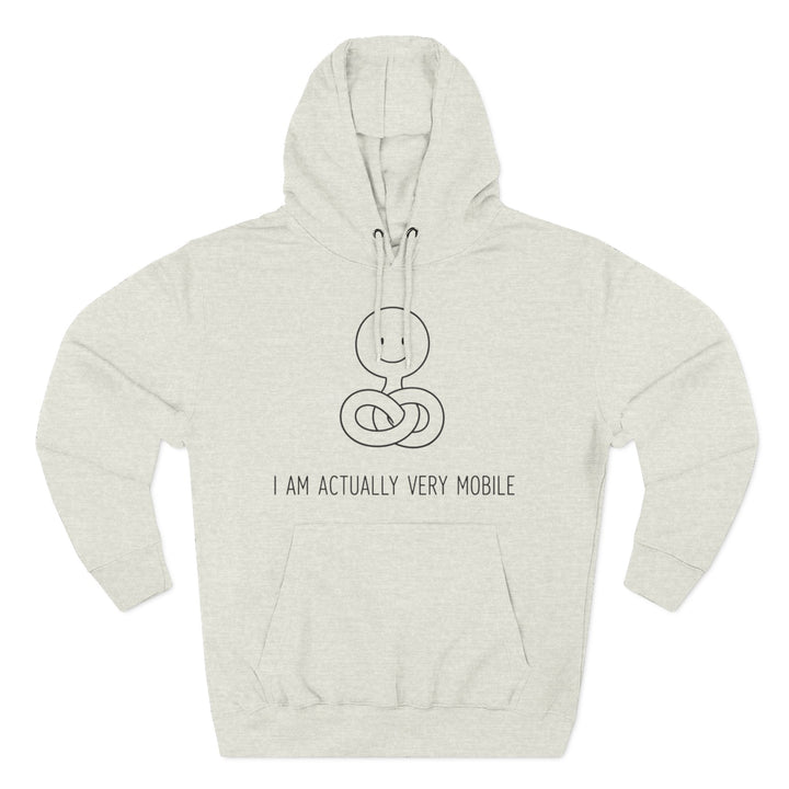 Heathered hoodie by S&amp;W Gallus featuring a noodle-like character in a yoga pose with the text "I AM ACTUALLY VERY MOBILE".