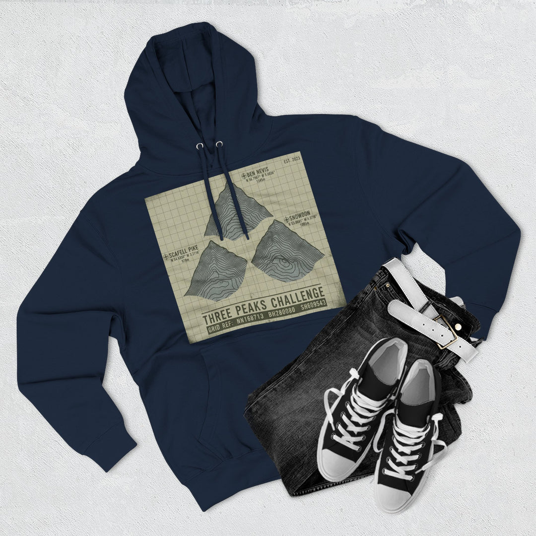 Three Peaks Challenge Graphic Hoodie — Retro UK Mountain Summit Pullover
