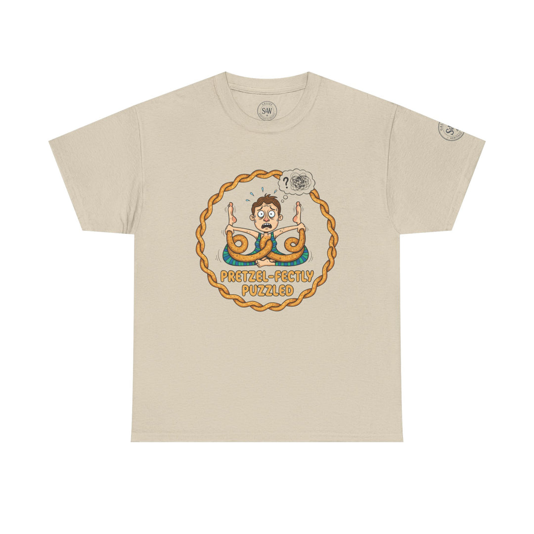 Beige t-shirt by S&amp;W Gallus with a pretzel yoga graphic and "Pretzel-Fectly Puzzled" text.
