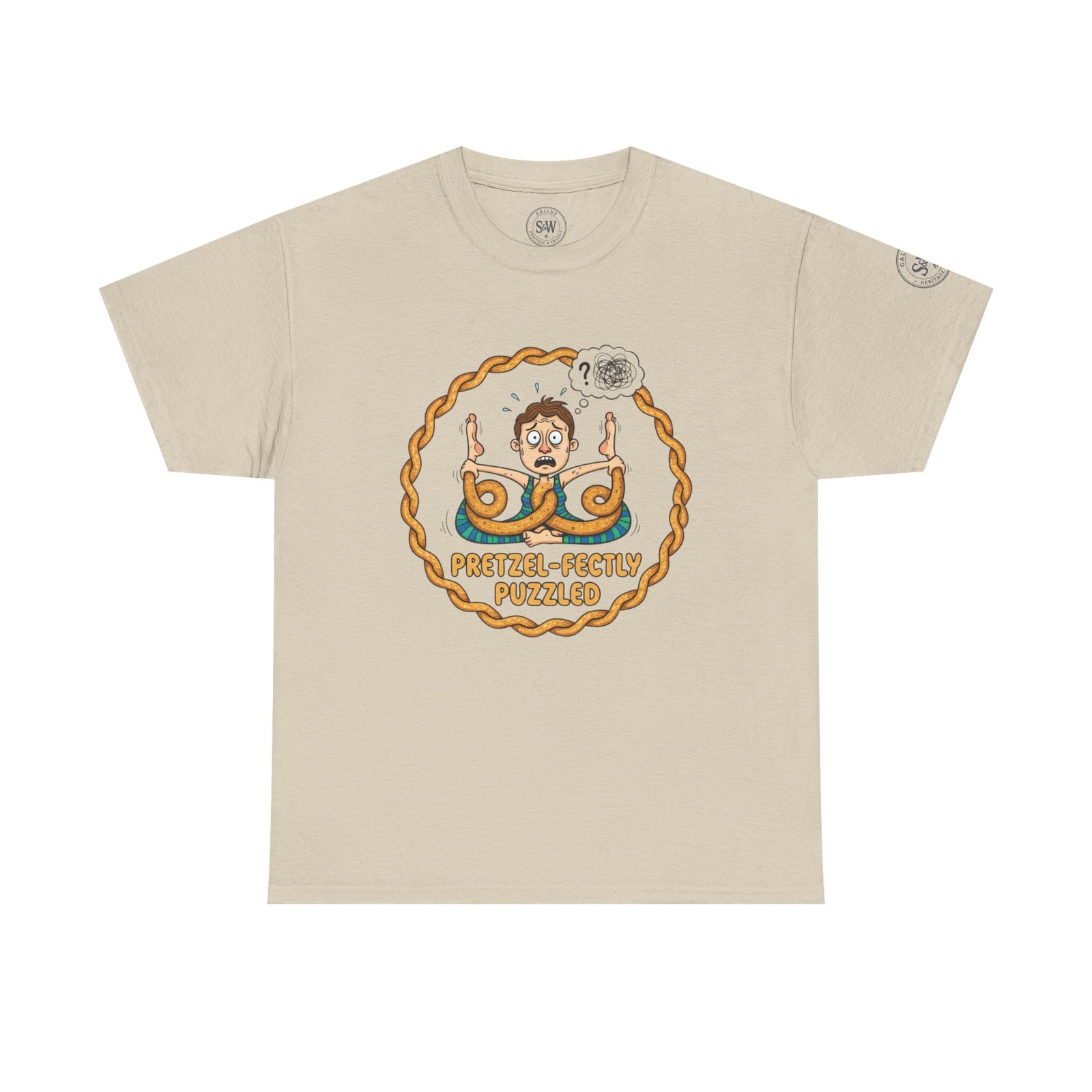Beige t-shirt by S&W Gallus with a pretzel yoga graphic and "Pretzel-Fectly Puzzled" text.
