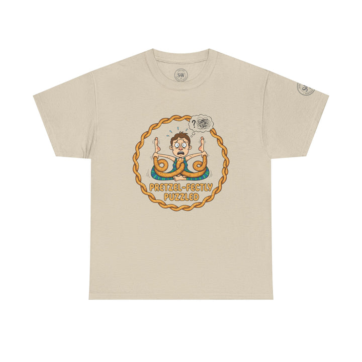 Beige t-shirt by S&amp;W Gallus with a pretzel yoga graphic and "Pretzel-Fectly Puzzled" text.
