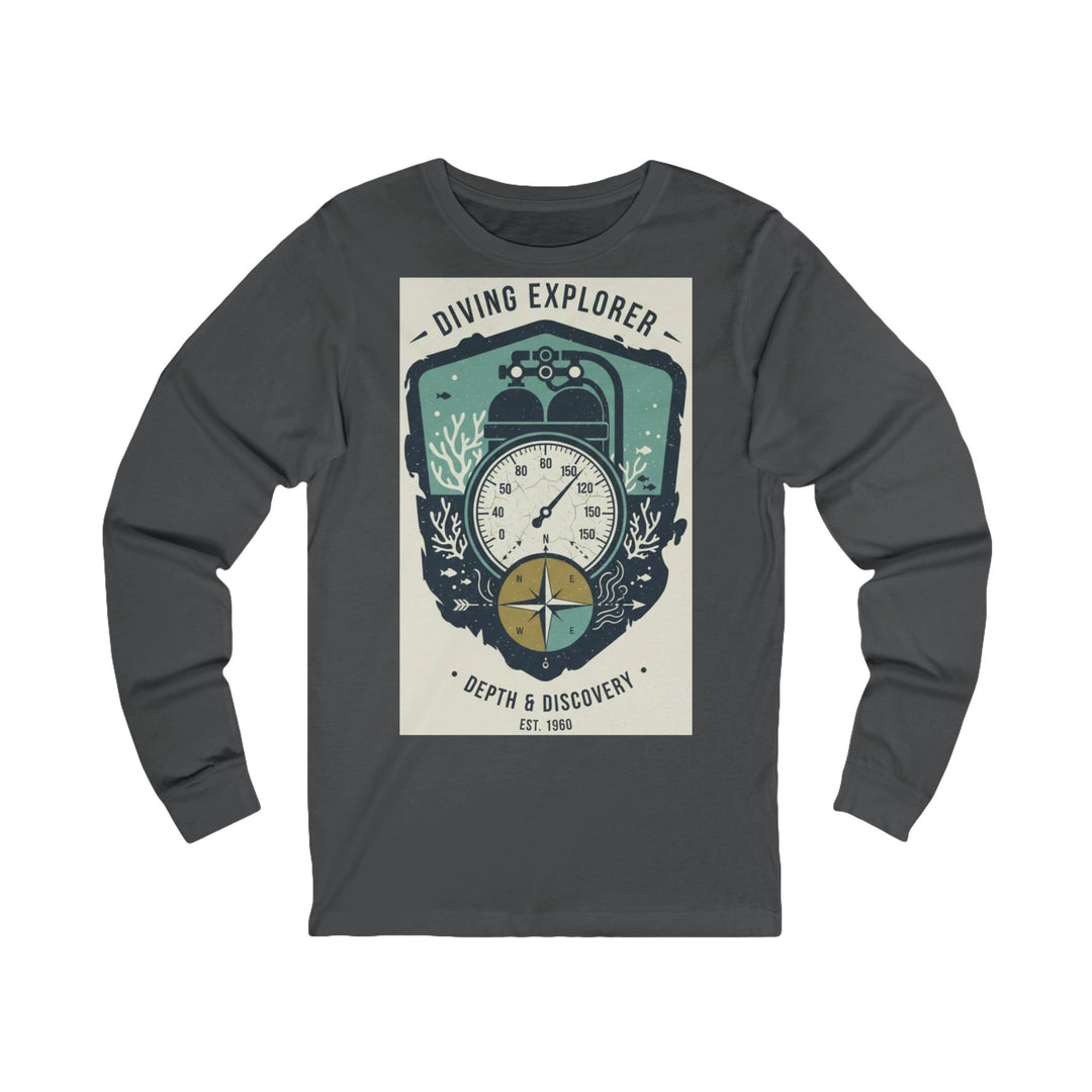 Gray long-sleeve tee by S&amp;W Gallus, featuring a diving explorer graphic with a compass, depth gauge, and coral reef design.
