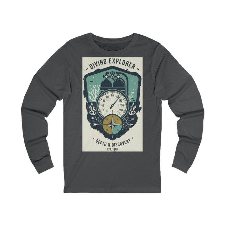 Gray long-sleeve tee by S&amp;W Gallus, featuring a diving explorer graphic with a compass, depth gauge, and coral reef design.
