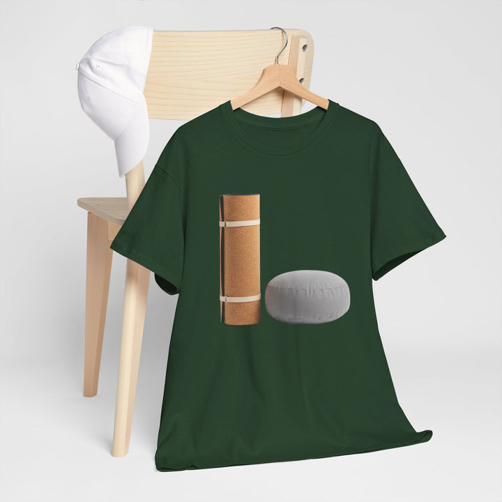 Mat &amp; Meditation Cushion Tee – soft, breathable cotton featuring a yoga-inspired design. Perfect for meditation, studio practice, or mindful everyday wear.