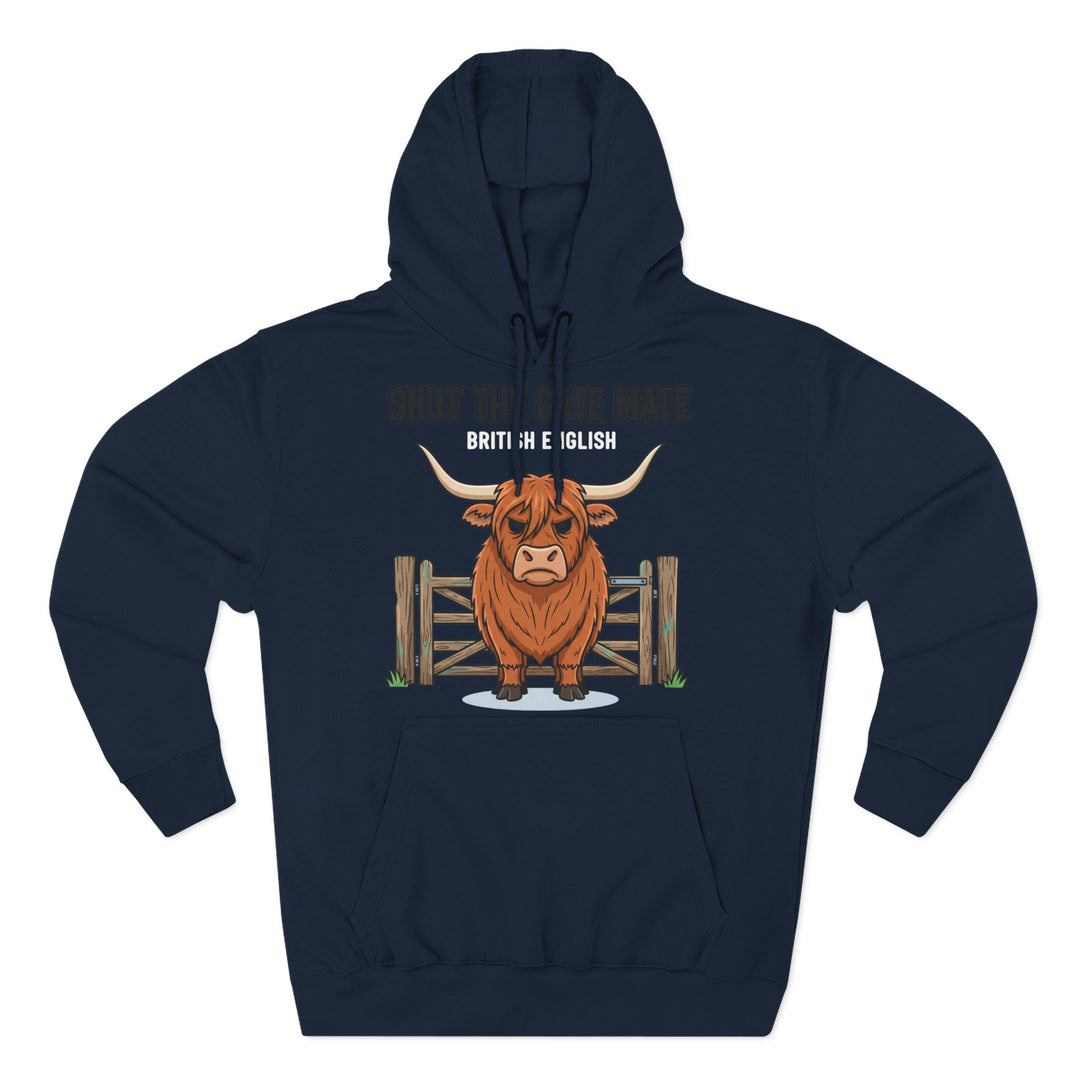 Navy blue hoodie by S&amp;W Gallus, featuring a cartoon Highland cow standing in front of a gate and the text "Shut The Gate Mate."