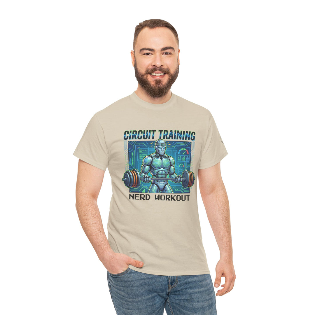 Beige t-shirt with graphic by Veteran owned, featuring a robot lifting weights with "Circuit Training Nerd Workout" text.